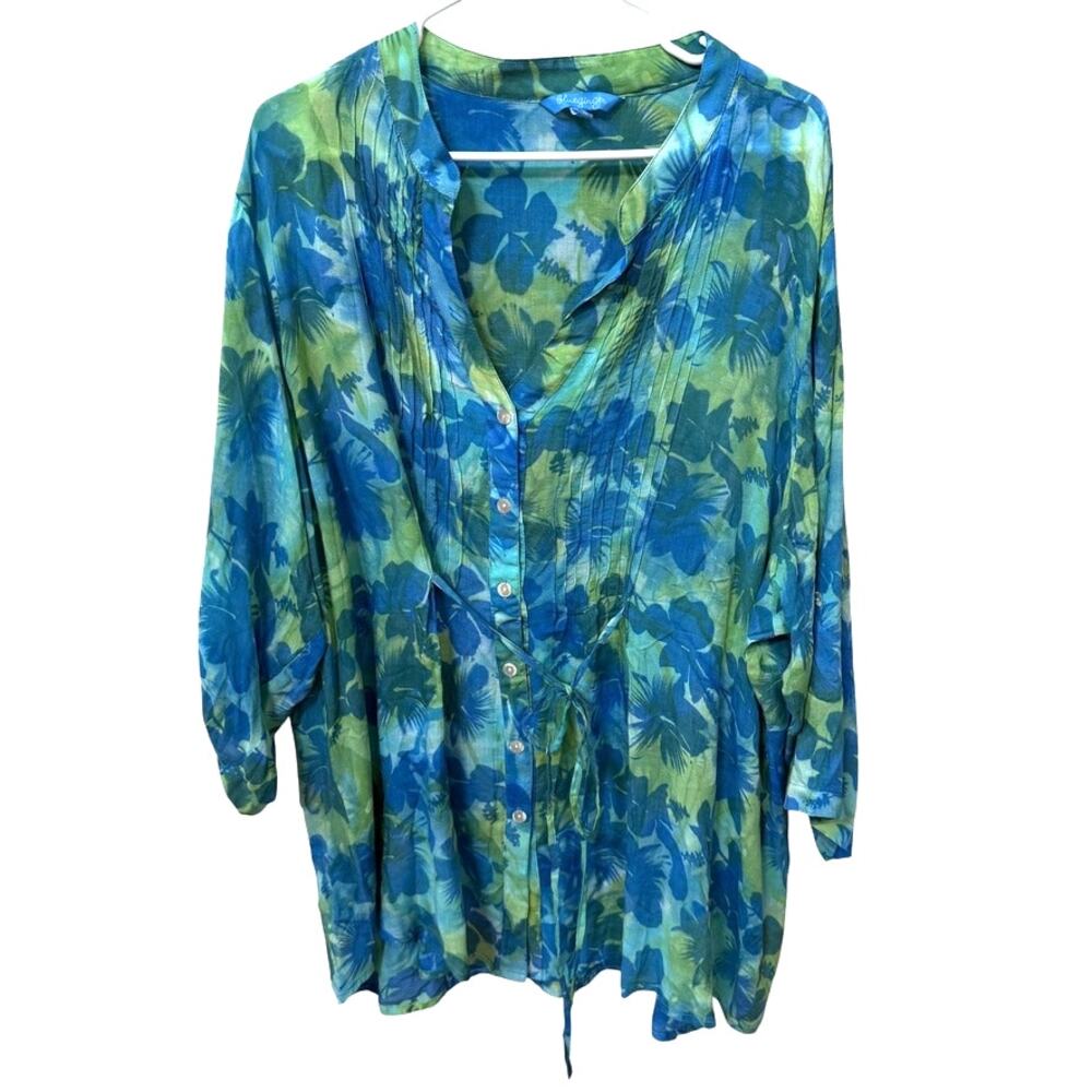 Blue Ginger Tunic Blouse Women's XXL Blue Green Lightweight Rayon Beach Cruise